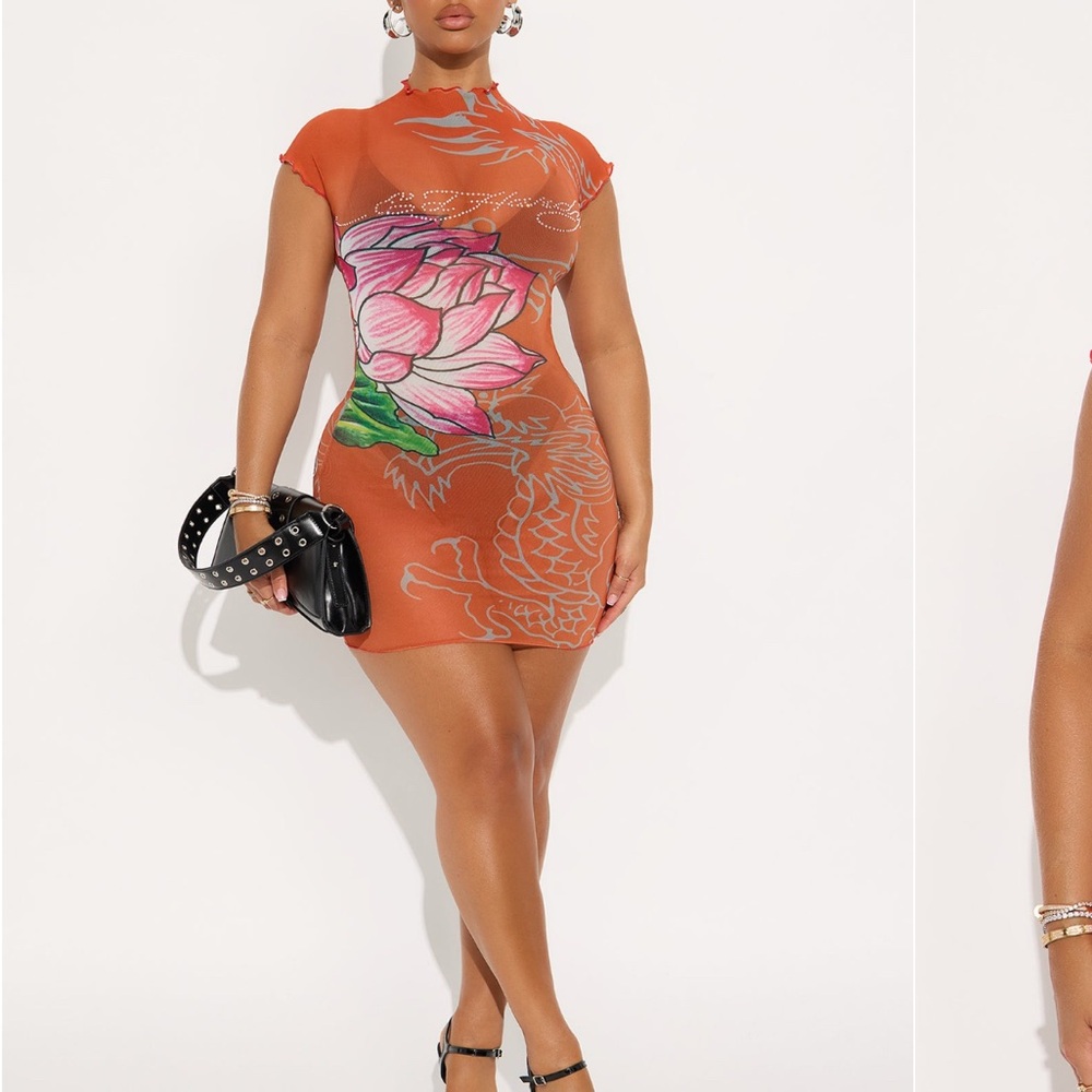 Ed Hardy Orange Dress with Dragon and Lotus